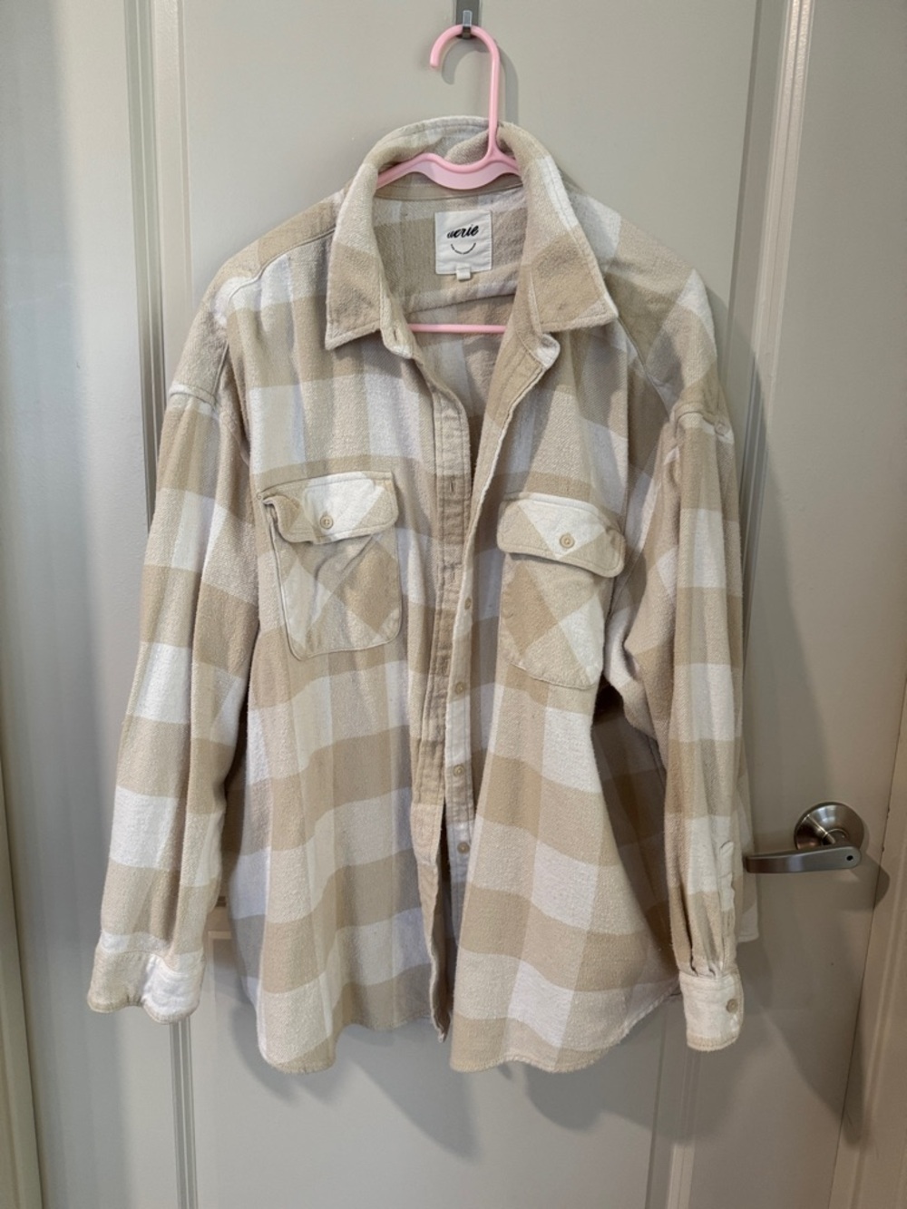 aerie Beige and White Plaid Shacket